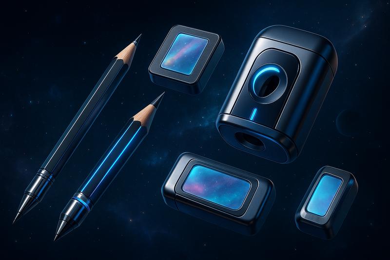 create a collection image for scifi space range of stationary like pencil , erarser , sharpner 